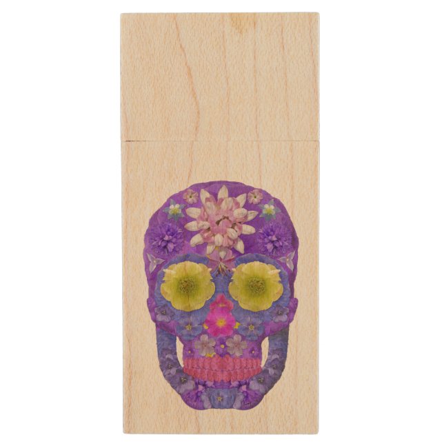 Flower Skull 5 Wood Flash Drive (Front Vertical)