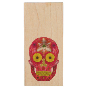 Flower Skull 6 Wood Flash Drive