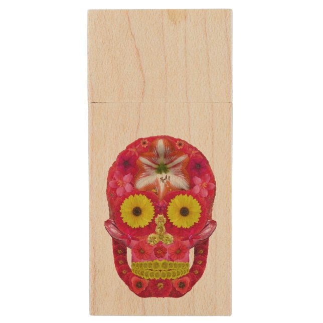 Flower Skull 6 Wood Flash Drive (Front Vertical)