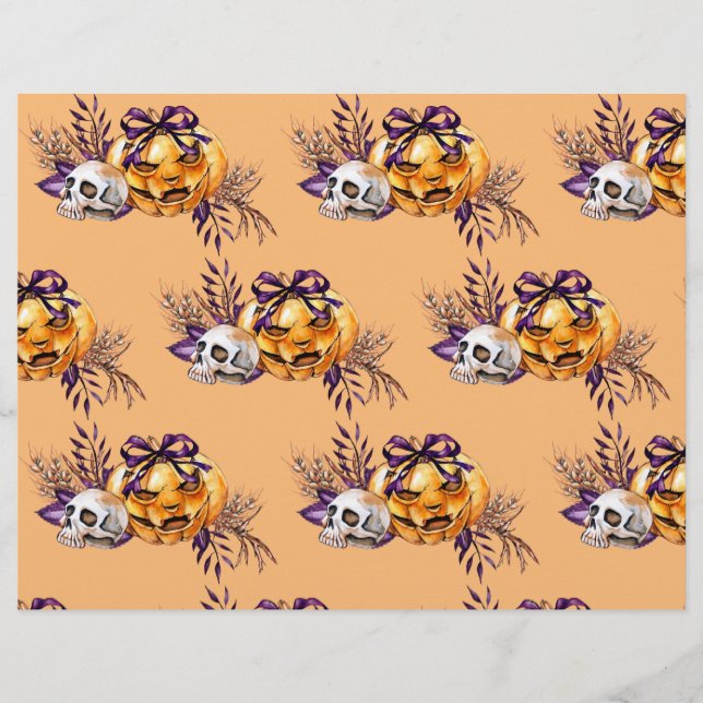 Flower Skull and Pumpkin Scrapbook Paper  (Front)