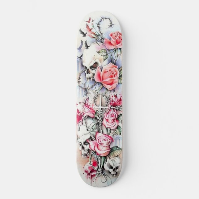 Flower Skull Bird Cross Butterfly Deck Skateboard (Front)
