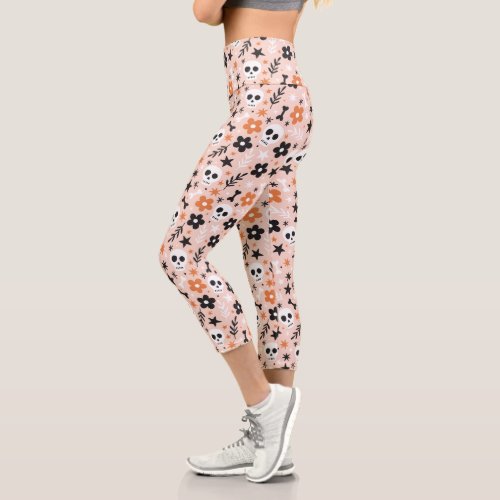 Flower Skull Pattern Capri Leggings