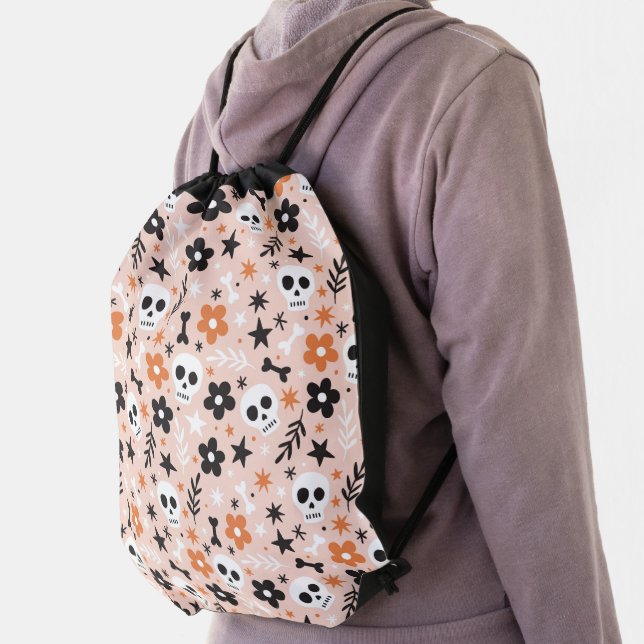 Flower Skull Pattern Drawstring Bag (Insitu)
