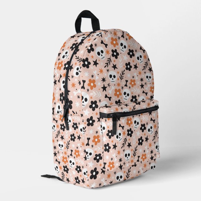 Flower Skull Pattern Printed Backpack (Back Corner Left)
