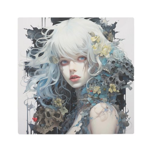 Flower Skull White Hair Aesthetic  Metal Print