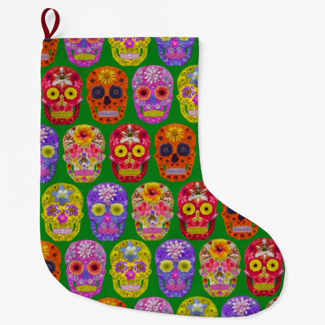 Flower Skulls Seamless Pattern 2018 Large Christmas Stocking (Front)