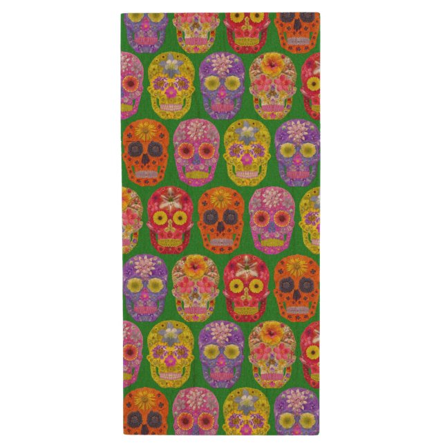Flower Skulls Seamless Pattern 2018 Wood Flash Drive (Front Vertical)