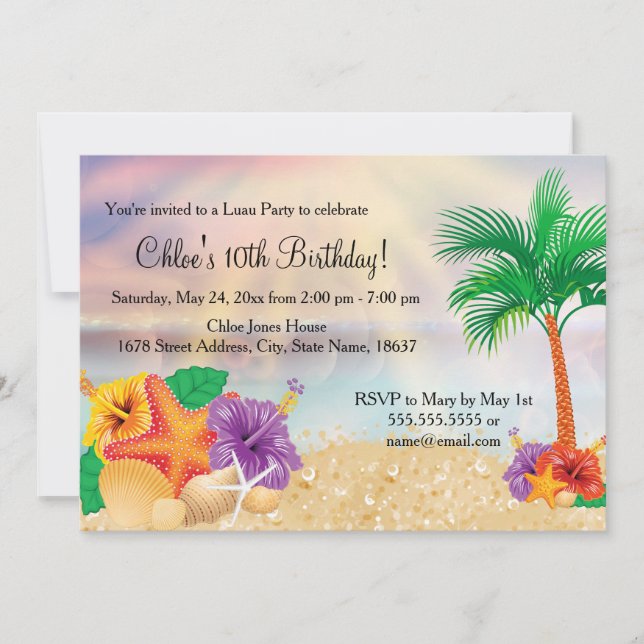 Flower Starfish Luau Birthday Party Invite (Front)