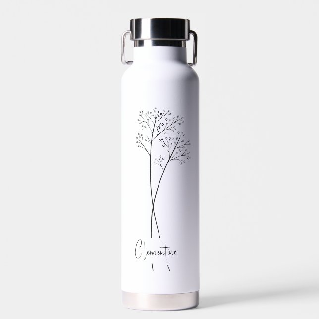 Flower stem, black script typography  water bottle (Front)