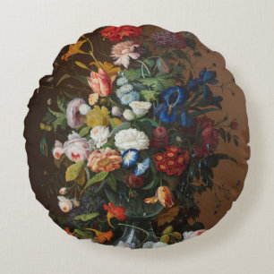 Flower Still Life with Bird's Nest Severin Roesen Round Pillow