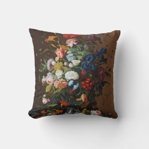 Flower Still Life with Birds Nest Severin Roesen Throw Pillow