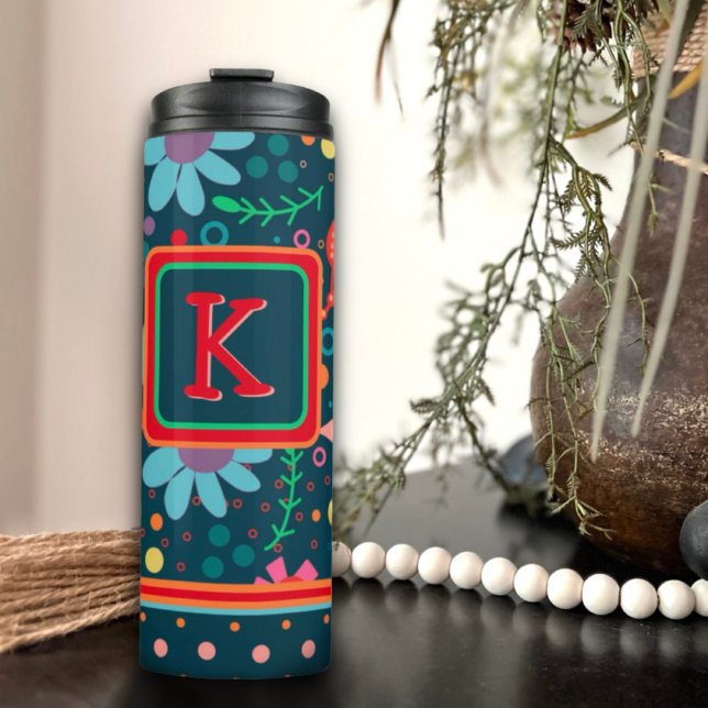 Flower Stripe Colorful Teacher Initial Custom Thermal Tumbler (Creator Uploaded)