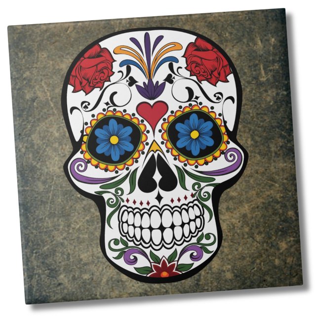Flower Sugar Skull Ceramic Tile (Dia De Los Muertos Red Roses Sugar Skull Ceramic Tile)