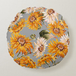 Flower sunflowers spring beautiful seamless patter round pillow
