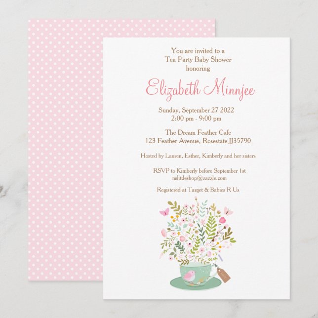 Flower Tea party Baby Shower invitation pink color (Front/Back)