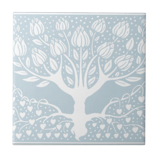 Flower Tree Baby Blue & White Beardsley Hearts Ceramic Tile