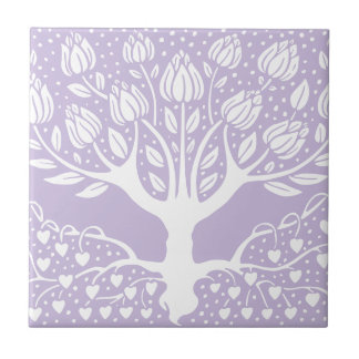 Flower Tree - Lilac Purple Beardsley Hearts Ceramic Tile