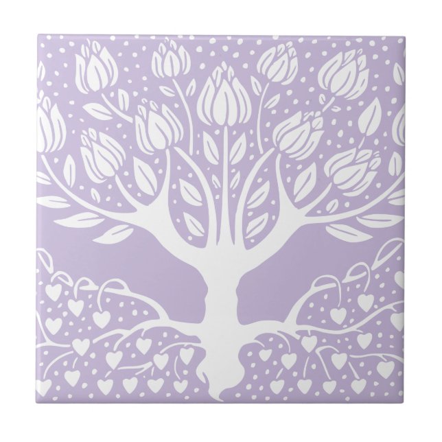 Flower Tree - Lilac Purple Beardsley Hearts Ceramic Tile (Front)