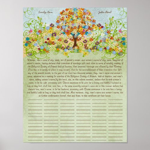 Flower Tree Print  Quaker Wedding Certificate