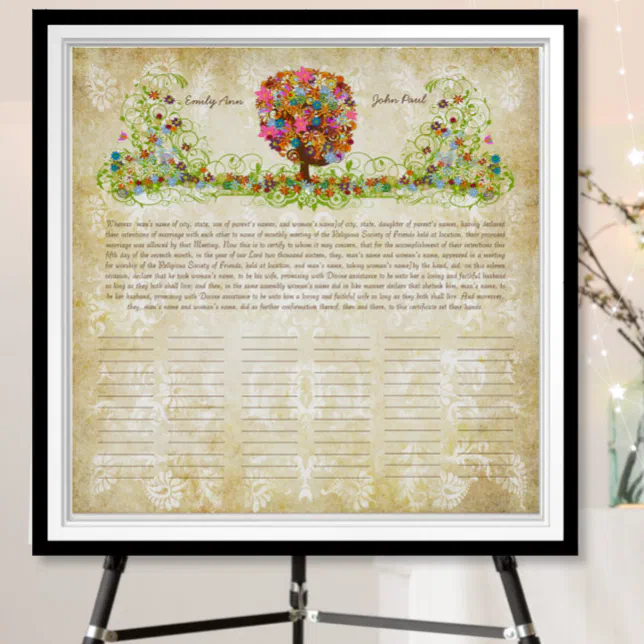 Flower Tree Print Quaker Wedding Certificate | Zazzle