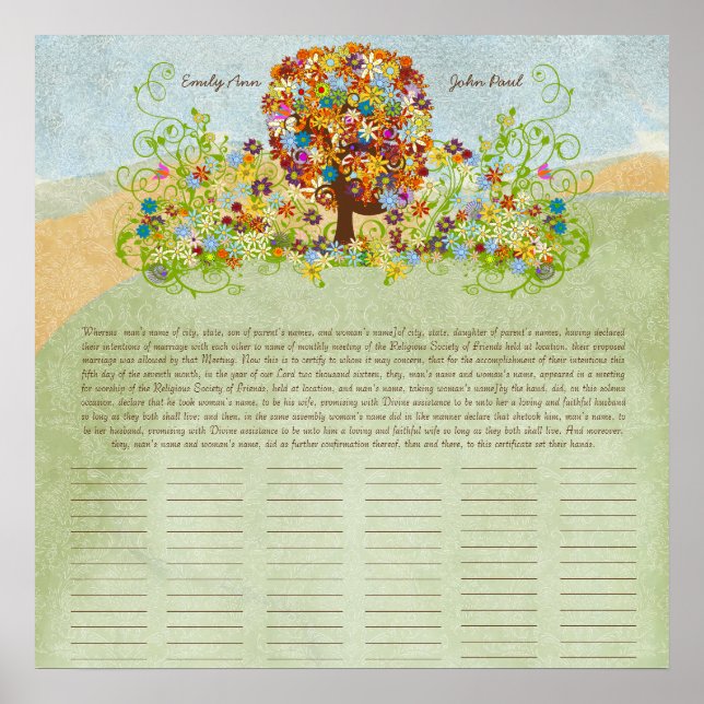 Flower Tree Print  Quaker Wedding Certificate (Front)