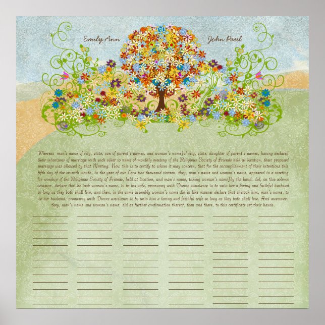 Flower Tree Print  Quaker Wedding Certificate (Front)