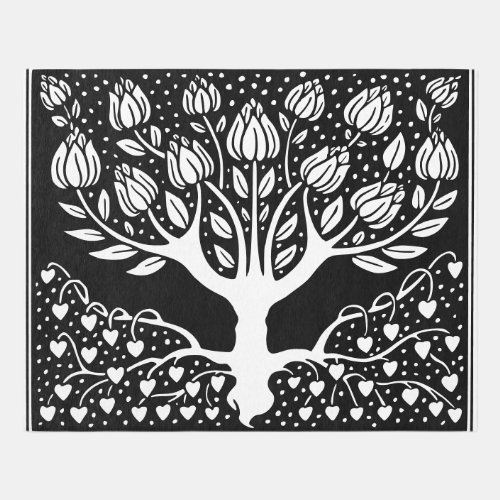 Flower Tree Rug _ Black  White Beardsley Hearts