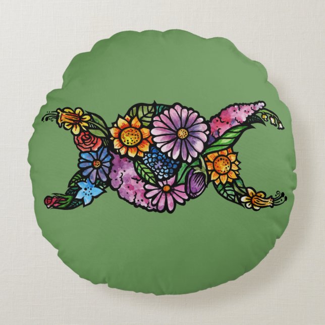 Flower Triple Moon Symbol Blessed Be Round Pillow (Front)