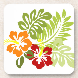 Flower Tropical Leaves Hibiscus Hawaii Red Orange. Beverage Coaster