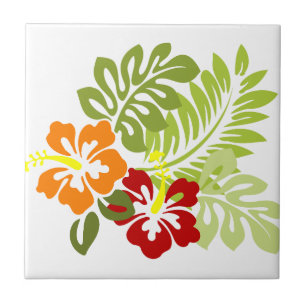 Flower Tropical Leaves Hibiscus Hawaii Red Orange. Ceramic Tile