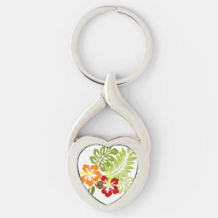 Flower Tropical Leaves Hibiscus Hawaii Red Orange. Keychain