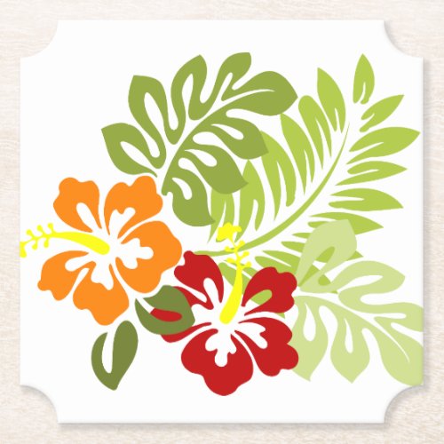 Flower Tropical Leaves Hibiscus Hawaii Red Orange Paper Coaster