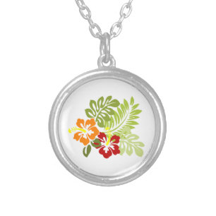 Flower Tropical Leaves Hibiscus Hawaii Red Orange. Silver Plated Necklace