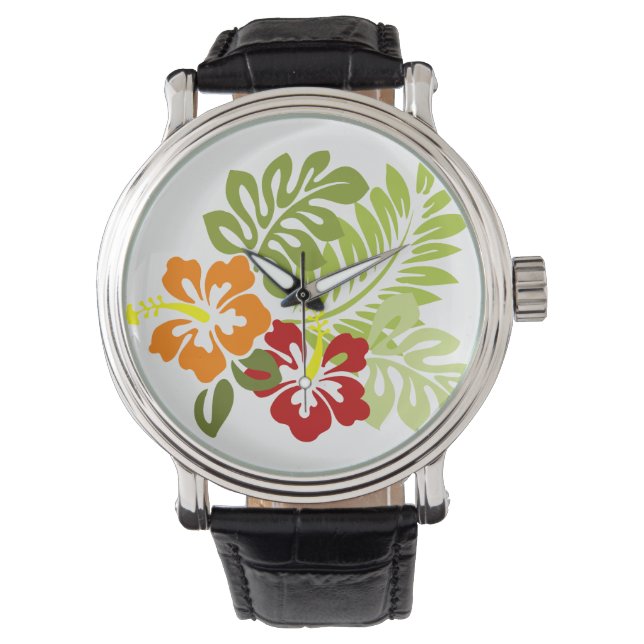 Flower Tropical Leaves Hibiscus Hawaii Red Orange. Watch (Front)