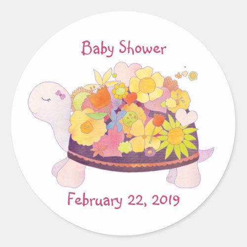 Flower Turtle Baby Shower Invitation Classic Round Sticker