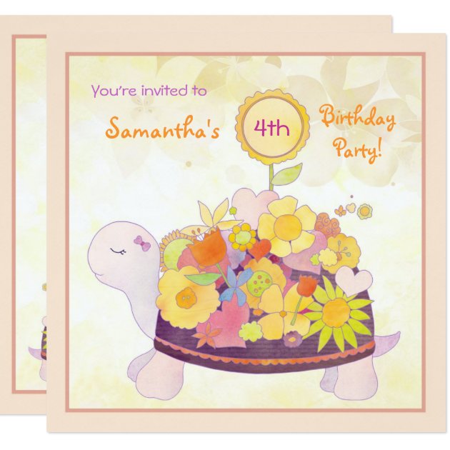 Flower Turtle Kids Birthday Party Invitation