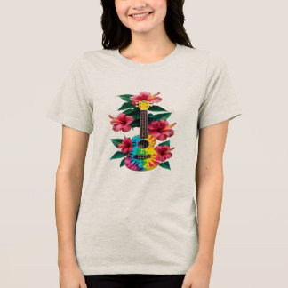 Flower Ukulele Guitar T-Shirt Round Neck Short Sle Tri-Blend Shirt