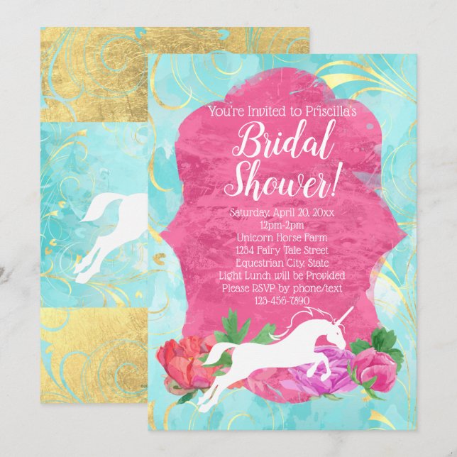 Flower Unicorn Fantasy Equestrian Bridal Shower Invitation (Front/Back)