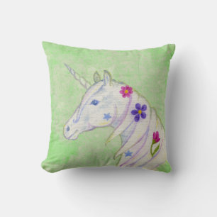 Flower Unicorn on Green Throw Pillow