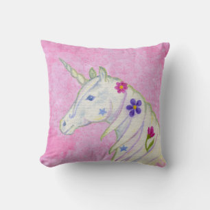 Flower Unicorn on Pink Throw Pillow