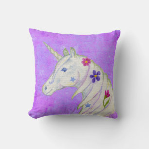 Flower Unicorn on Purple Throw Pillow