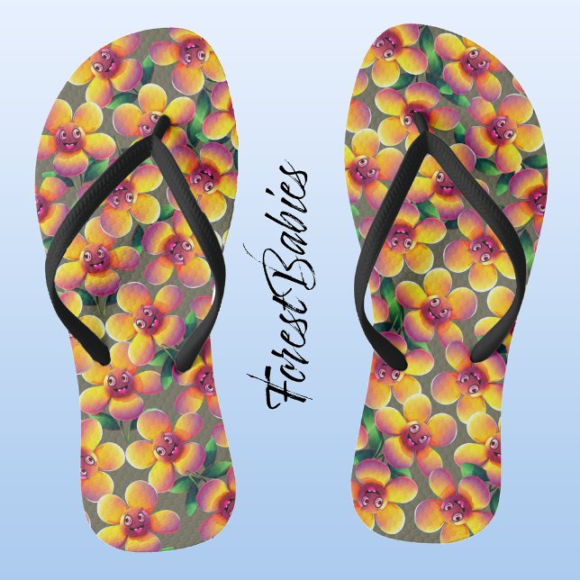 Flower 🌼 Unique Cute Funny Floral Design Pattern Flip Flops (Silly Flower Pattern, ForestBabies Leggings)