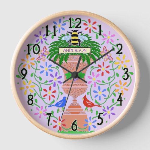 Flower Urn Bee and Birds Custom Purple Stencil Clock