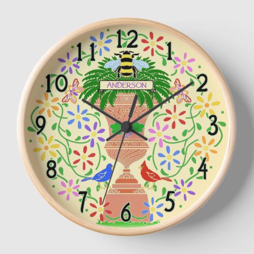 Flower Urn Bee and Birds Nouveau Cream Custom Wall Clock