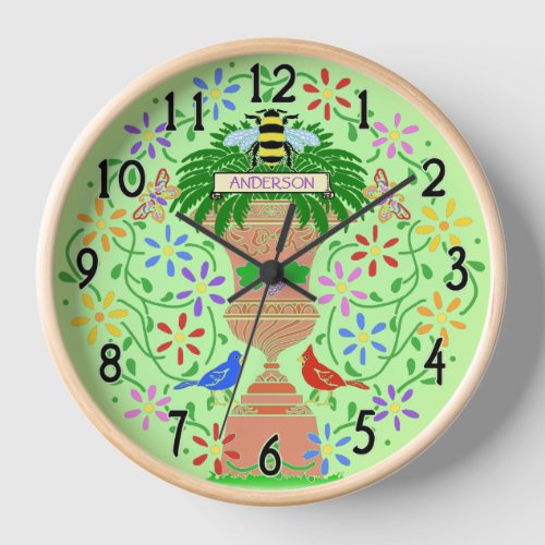 Flower Urn Bee and Birds Nouveau Green Custom Clock