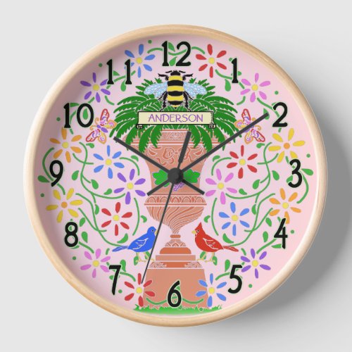 Flower Urn Bee and Birds Nouveau Pink Custom Clock