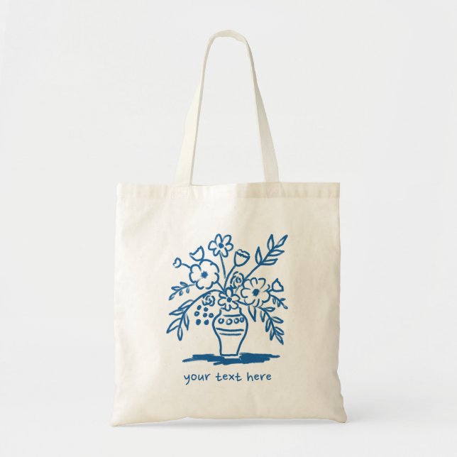Flower Vase Doodle Custom Groceries Shopping Blue Tote Bag (Front)
