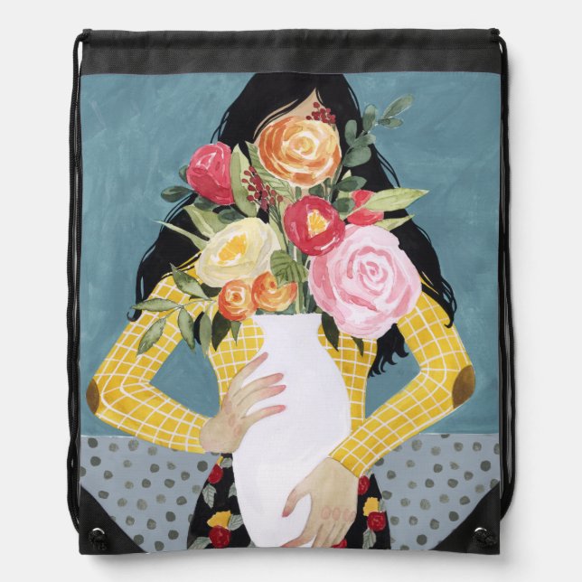 Flower Vase Girl Drawstring Bag (Front)