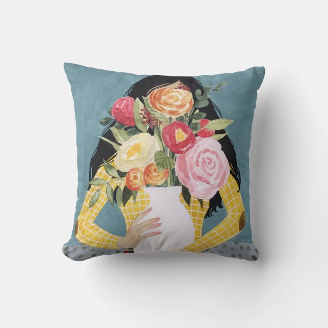 Flower Vase Girl Throw Pillow (Front)