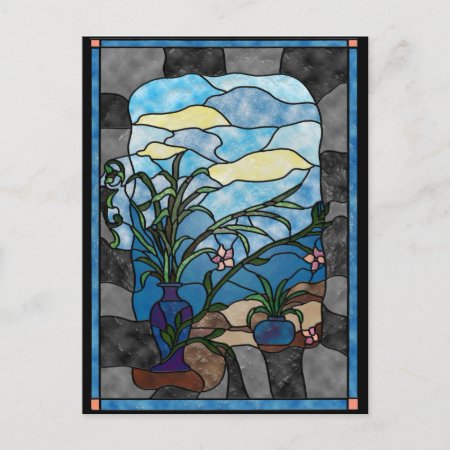 Flower Vase Plant Vintage Stained Glass Style Postcard